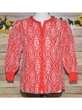 Cabi Ladies S Red Lyric Eyelet Button Front Blouse Top Size S Puff Sleeves